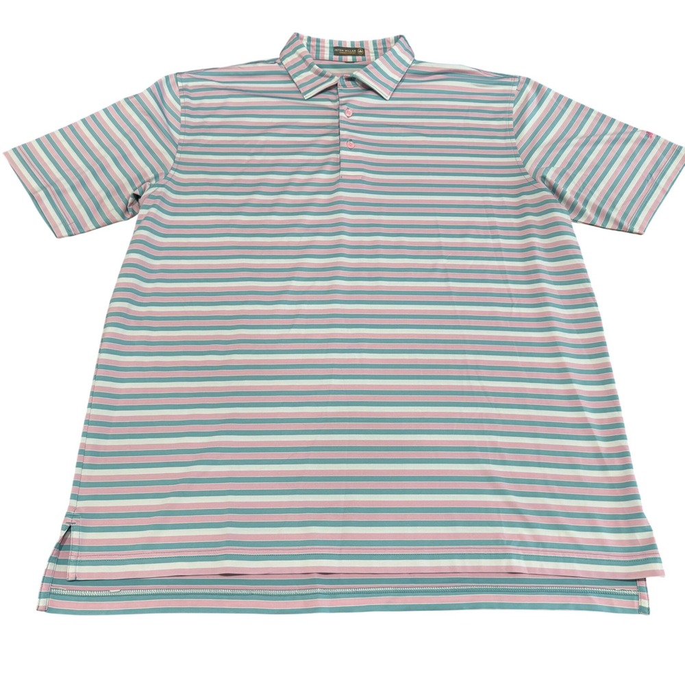 Peter Millar Summer Comfort Men size XL Polo Shirtβ Pink Blue White Striped Golf